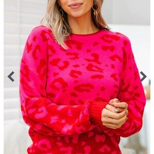 Women’s JODIFL Boutique Hot Pink and Red Leopard Sweater, Large, Like New